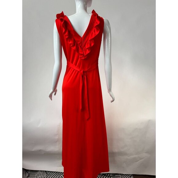 Vintage 1970s Jerell Of Texas Red Ruffled Maxi Dress Sleeveless V-Neck Belted Wa - Picture 3 of 16